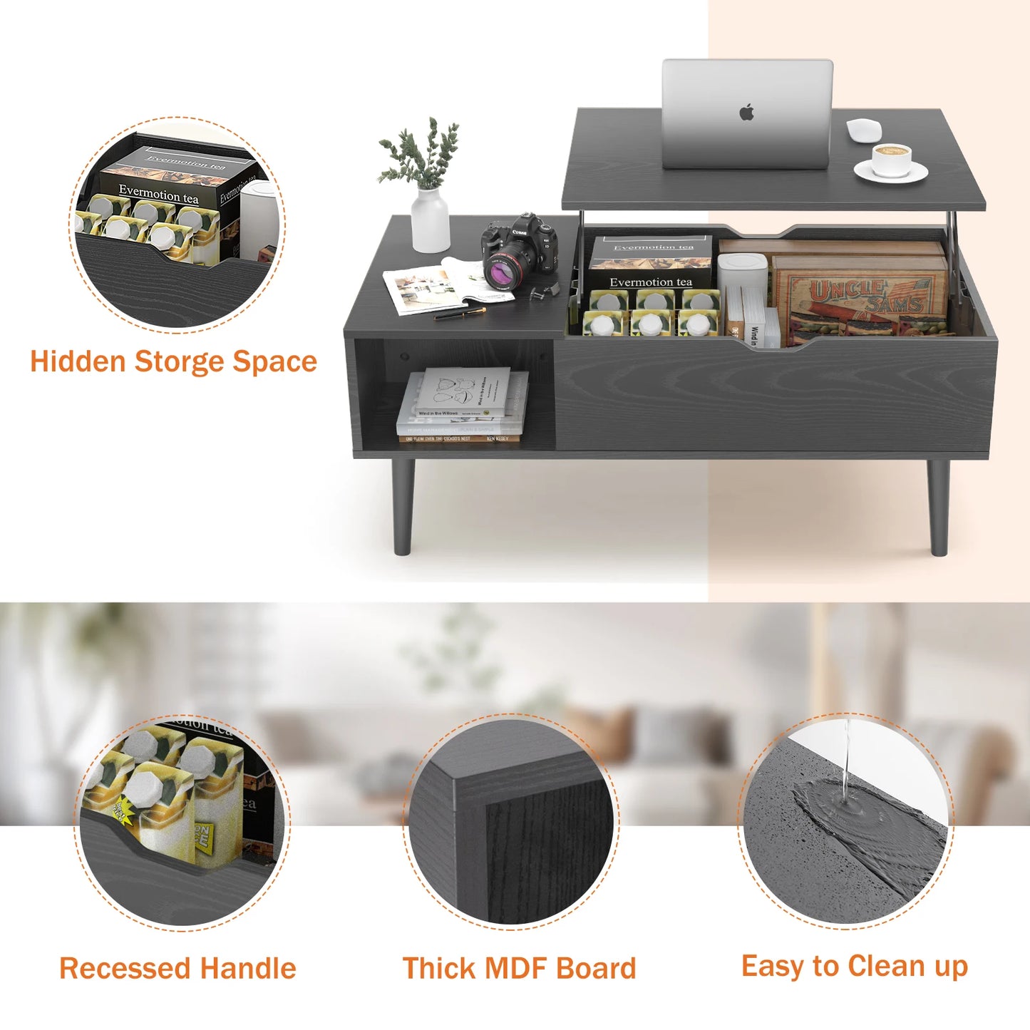 Coffee Tables Adjustable Storage Shelf Easy Lift Or Lower